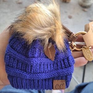 C.C. Blue Knit Beanie with Faux Fur Pom-Pom Keychain